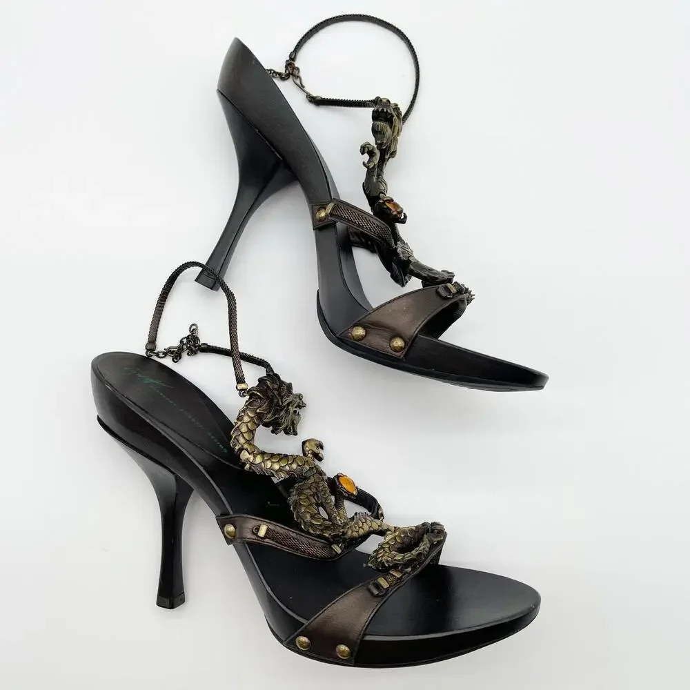 Giuseppe Zanotti Vicini Vintage Dragon Embellished Leather Heeled Sandals IT 36